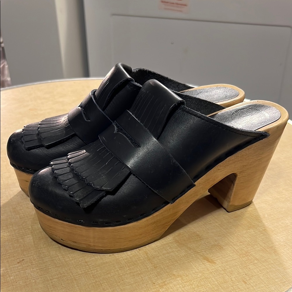 No.6 Store Navy Leather Clogs with Wooden Heel